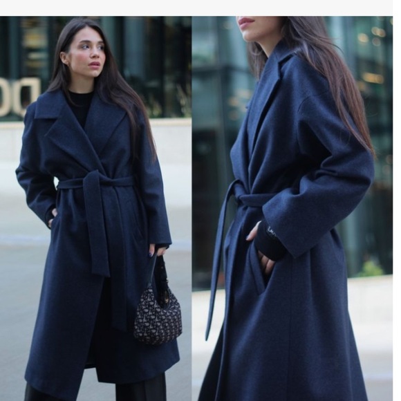 VINTAGE Cashmere Blend Wrap Navy Coat - Picture 1 of 11